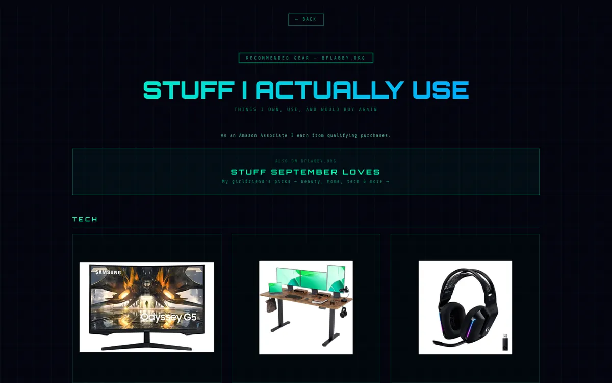 The recommended gear page: 'Stuff I actually use', a link to September's picks, and product photos of a monitor, a standing desk and a headset.