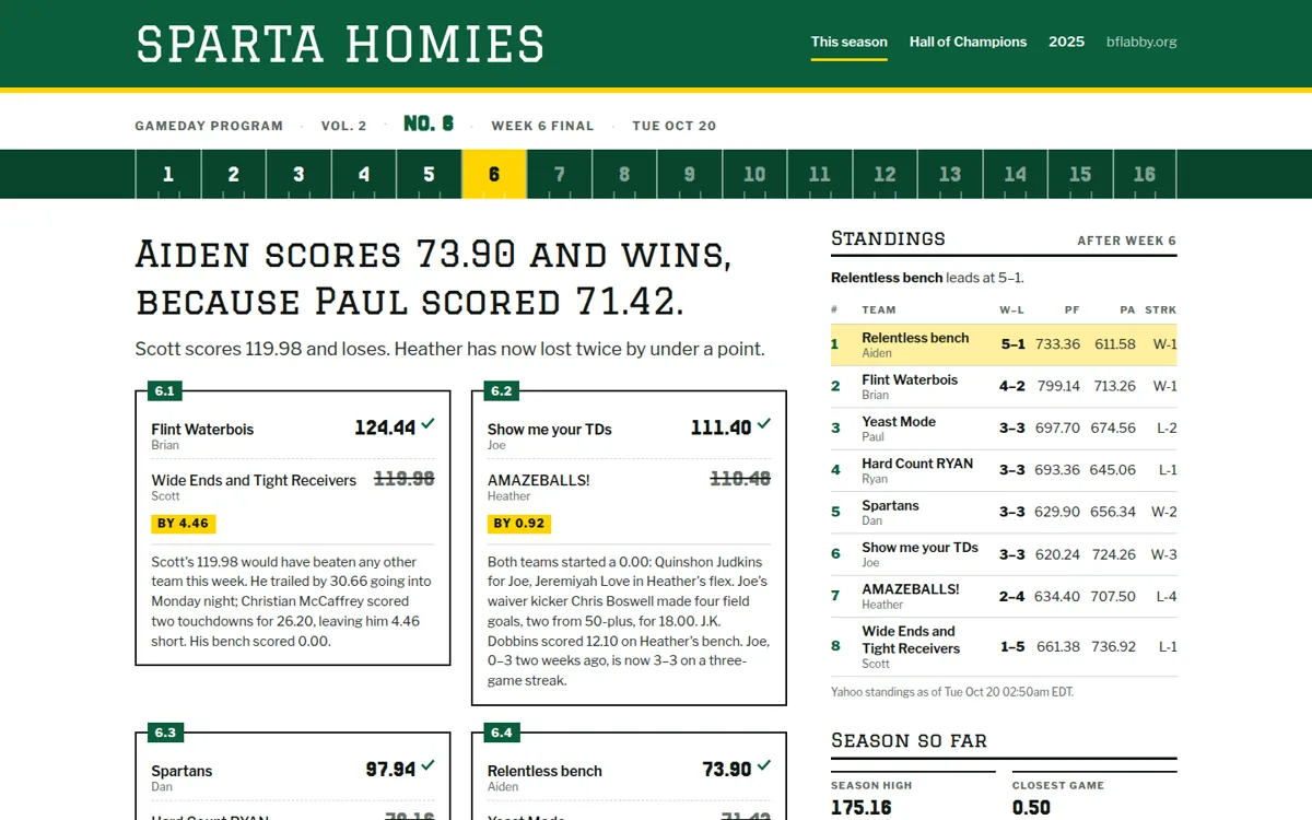 The Sparta Homies gameday program: a green masthead, a yellow week rail, the week's headline, numbered matchup boxes and the standings.