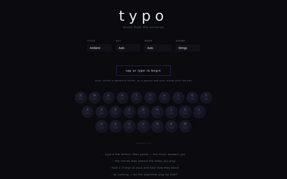 Typo's start screen: style, key, mode and sound pickers above an on-screen keyboard, with 'tap or type to begin'.