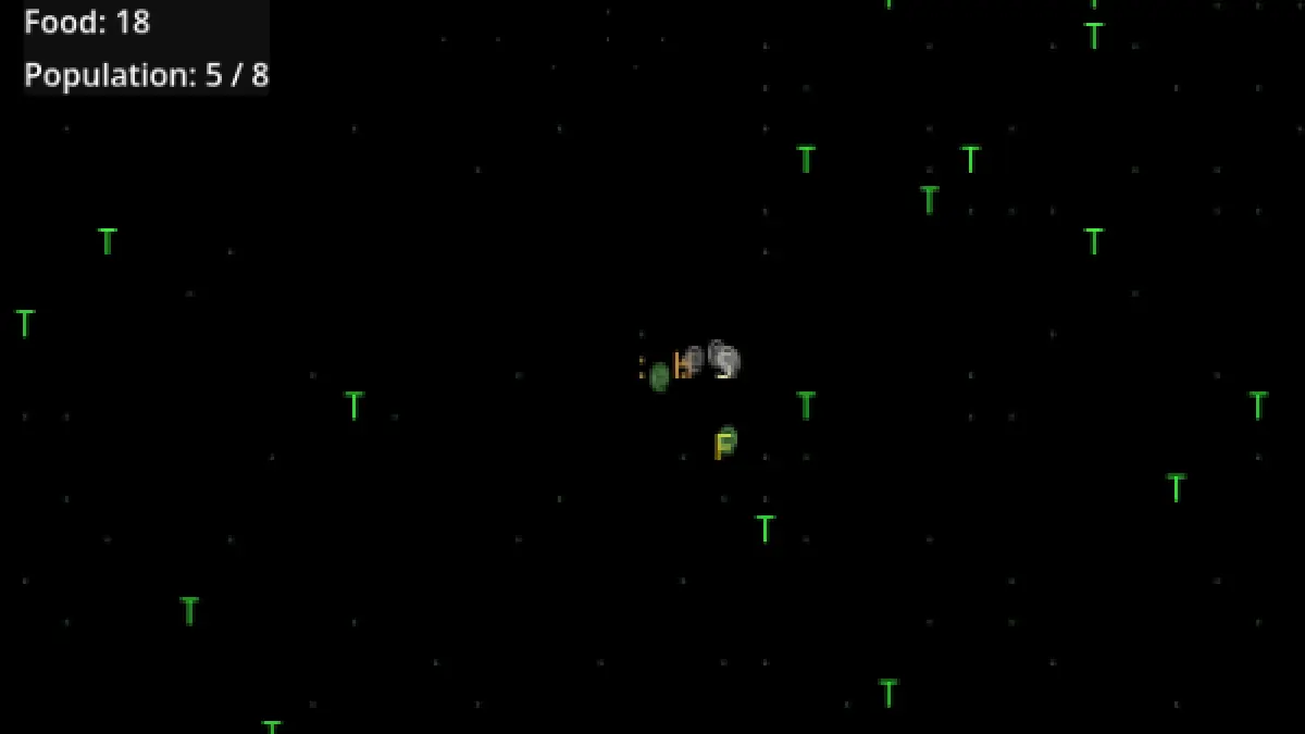The ASCII settlement: houses, a shrine, a farm and trees